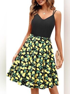 Black Lemon-Print Mini Dress with Strappy Back